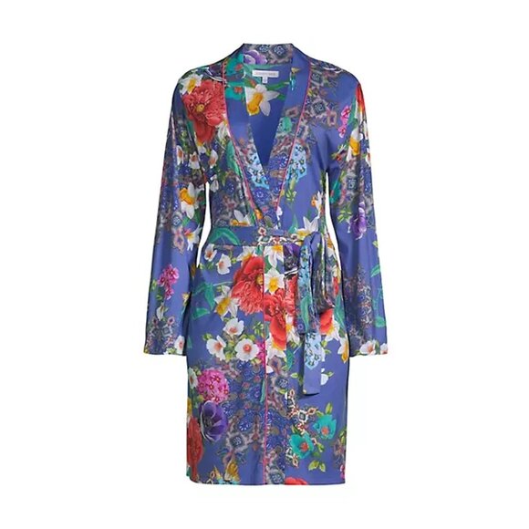 Johnny Was Sunrise Robe Sleep Wear Blue Floral Cotton Night Lounge Flowers NEW - Picture 4 of 6